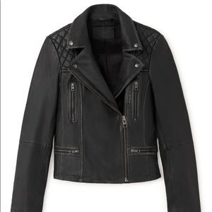 All Saints black cargo leather biker jacket.